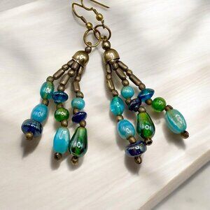 Vintage 70s Glass Bead Silver-Tone Dangle Hook Earrings